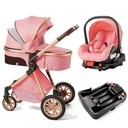 Pink KinderFizz 3 in 1 baby stroller with matching infant car seat and car base