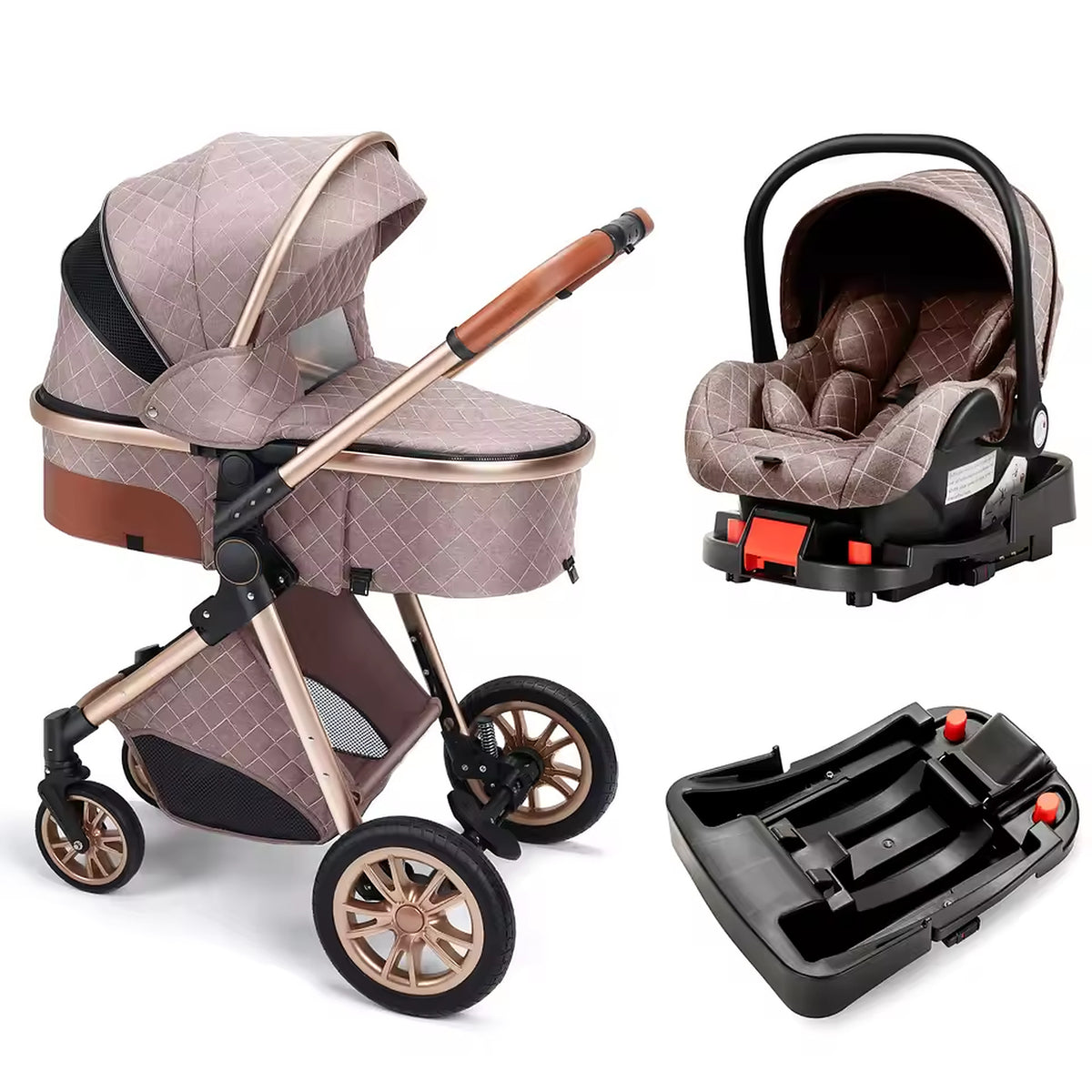 Taupe KinderFizz 3 in 1 baby stroller with infant car seat and car base