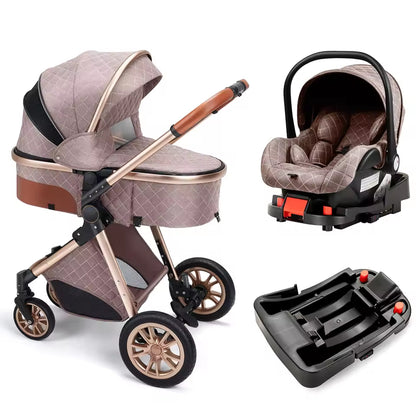 Taupe KinderFizz 3 in 1 baby stroller with infant car seat and car base