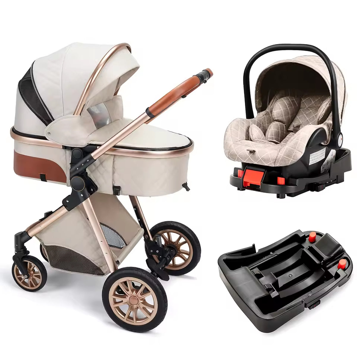 Cream KinderFizz 3 in 1 baby stroller with infant car seat and car base
