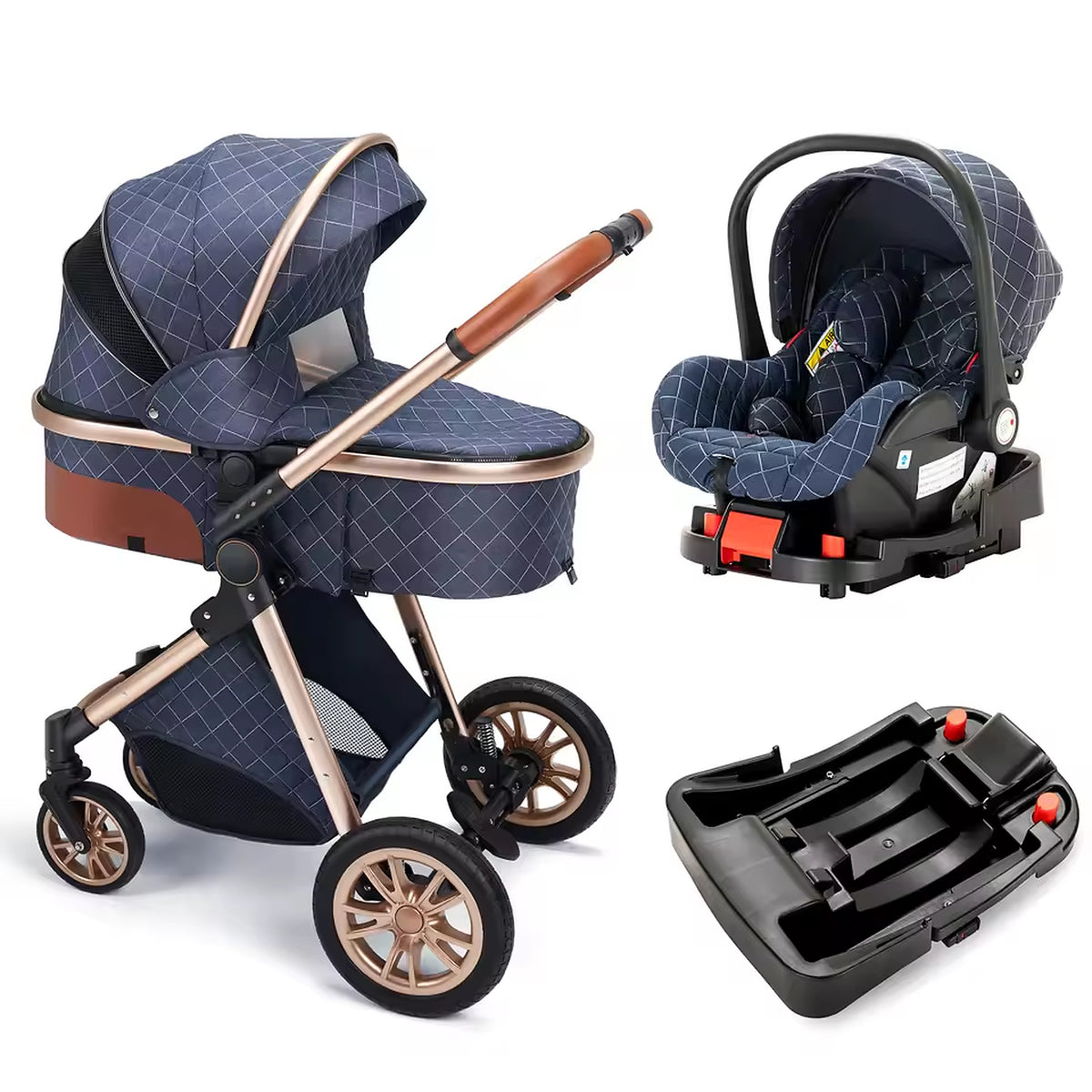 Navy KinderFizz 3 in 1 baby stroller with infant car seat and car base