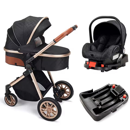 Black KinderFizz 3 in 1 baby stroller with infant car seat and car base