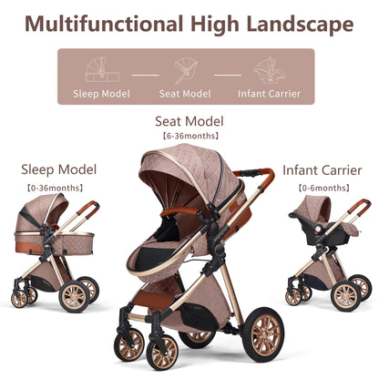 Three modes of the KinderFizz stroller: bassinet, upright seat and infant carrier