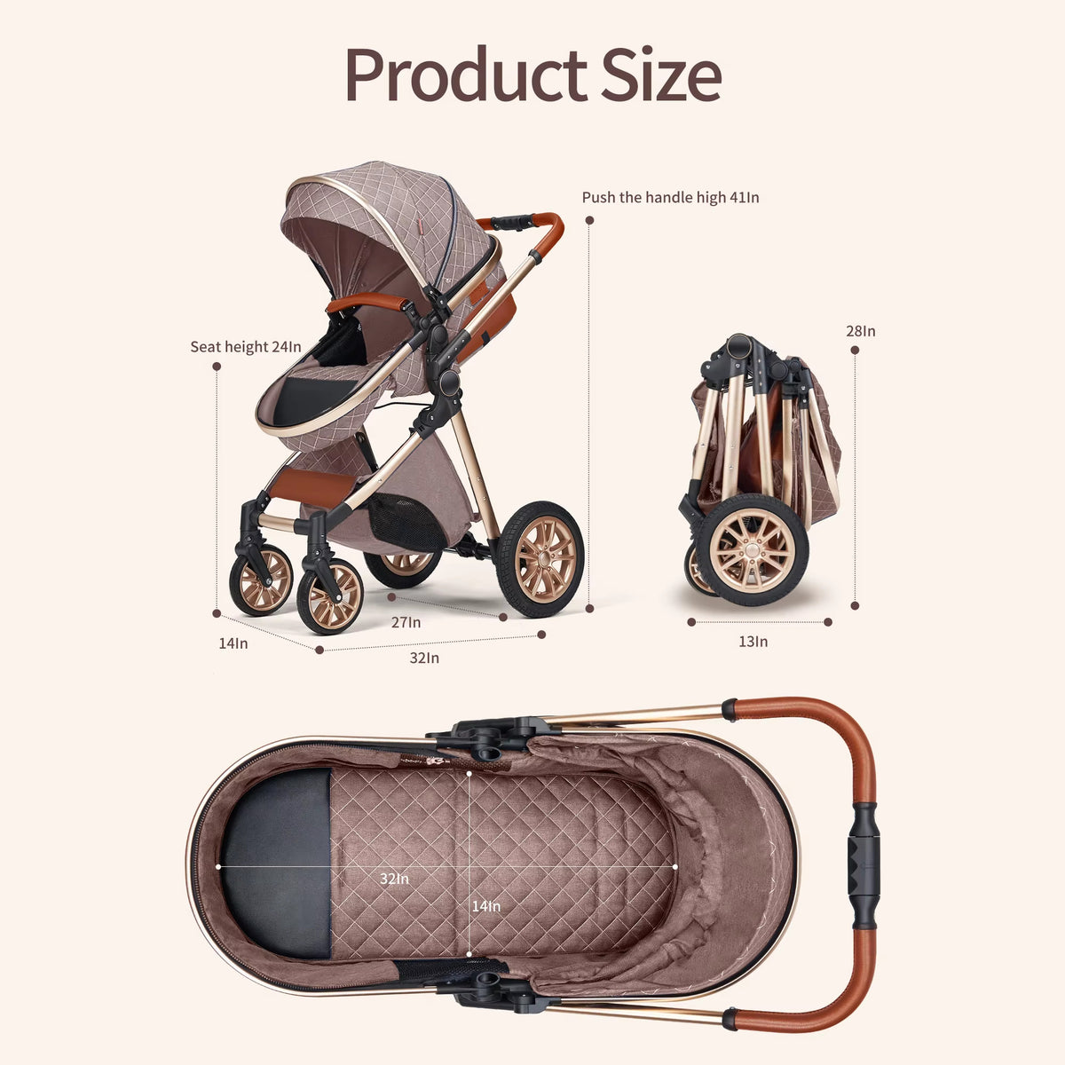 Dimensions of the KinderFizz stroller open and folded, with seat and handle heights