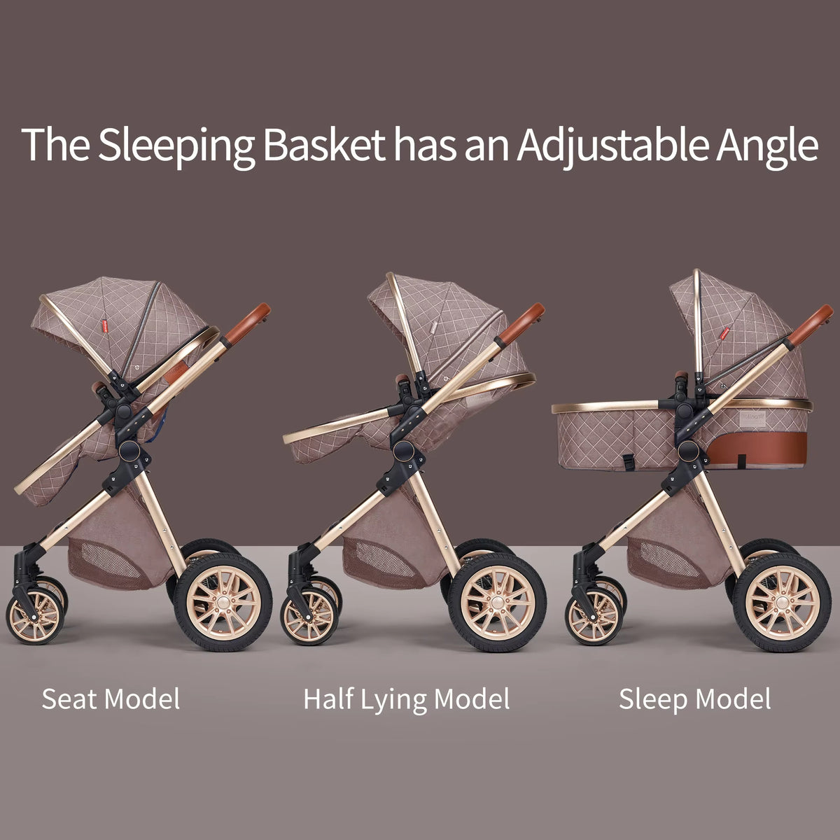 Sitting, half lying and flat recline positions on the KinderFizz stroller seat