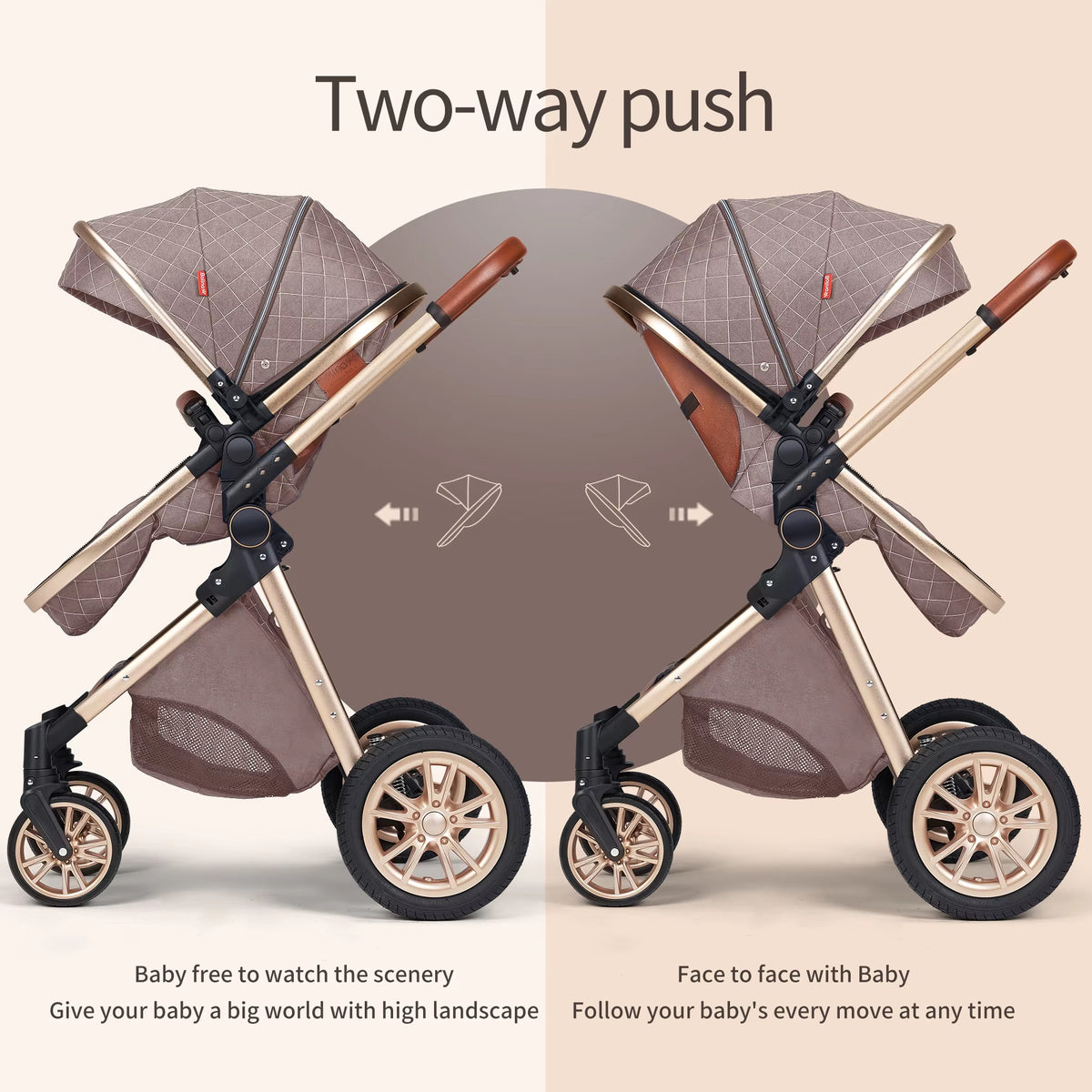 Reversible seat on the KinderFizz stroller facing the parent and facing forward