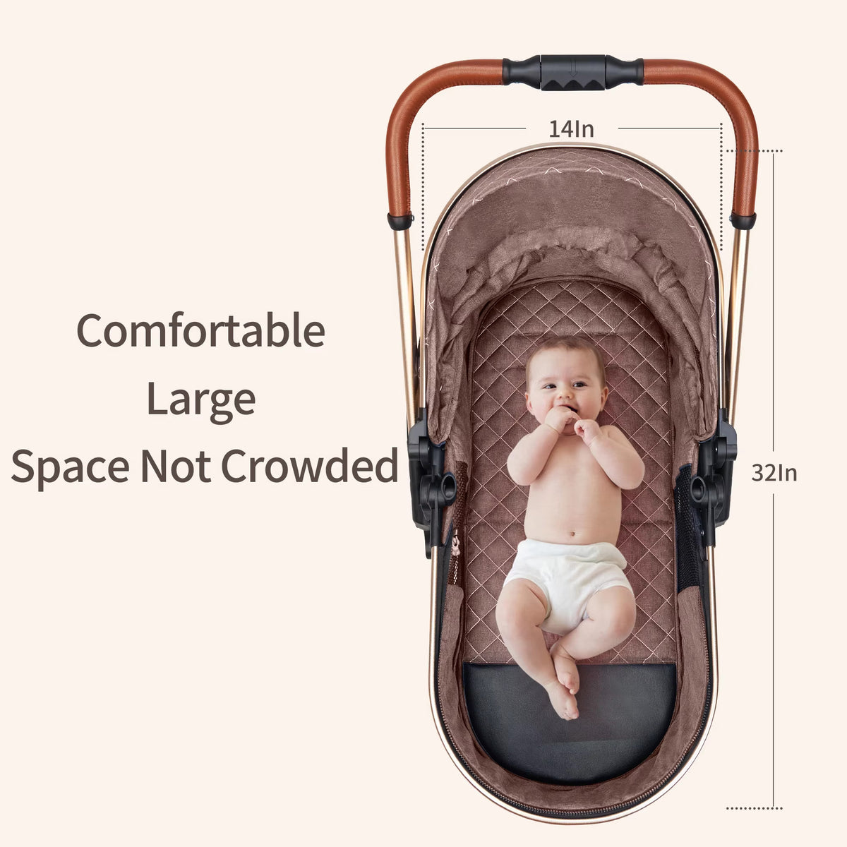 Baby lying in the flat bassinet of the KinderFizz stroller, 32 by 14 inches inside