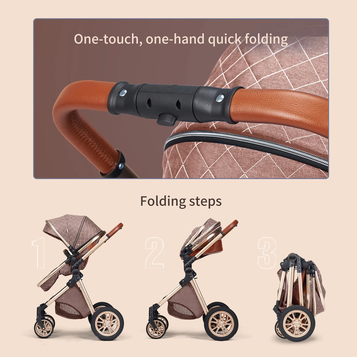 One hand fold of the KinderFizz stroller shown in three steps