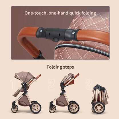 One hand fold of the KinderFizz stroller shown in three steps