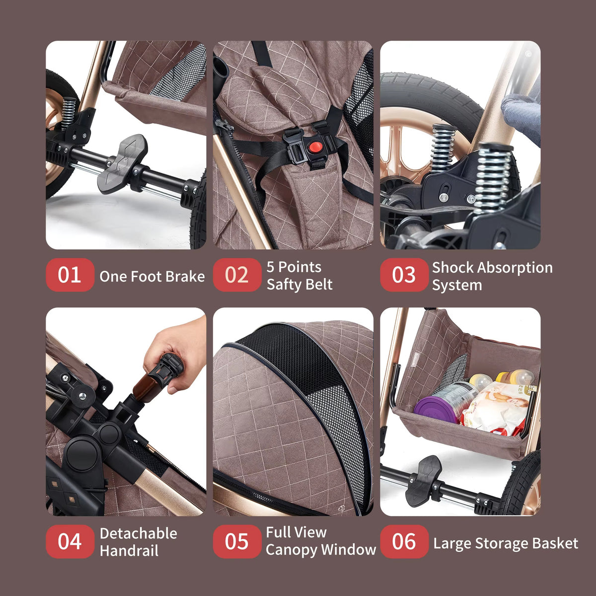 KinderFizz stroller features: foot brake, five point harness, suspension, bumper bar, canopy window and basket