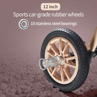 Close up of the 12 inch rubber rear wheel on the KinderFizz stroller