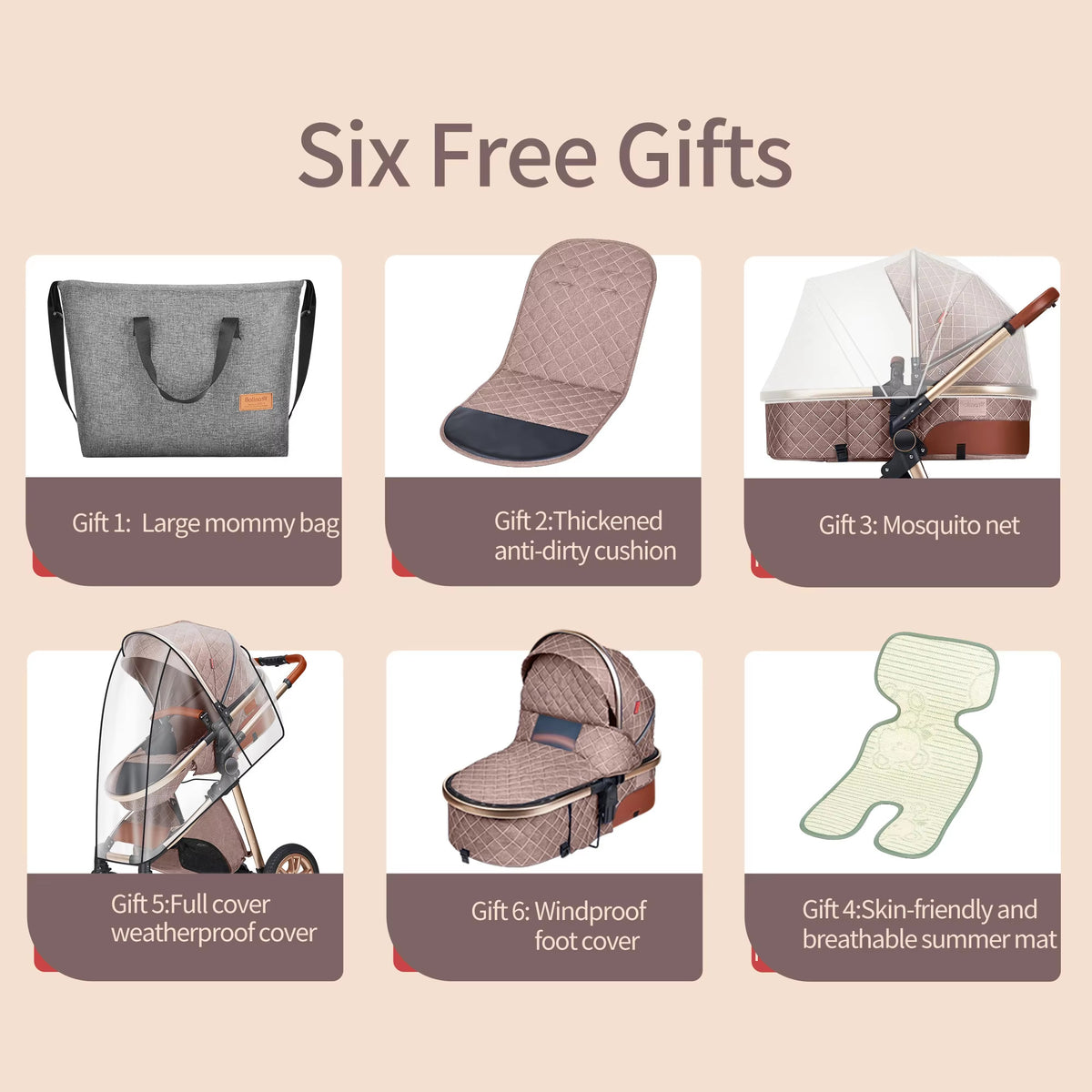 Accessories included with the KinderFizz stroller: bag, seat cushion, mosquito net, summer mat, weather cover and foot cover