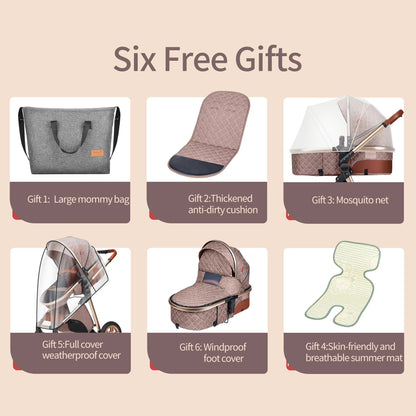 Accessories included with the KinderFizz stroller: bag, seat cushion, mosquito net, summer mat, weather cover and foot cover
