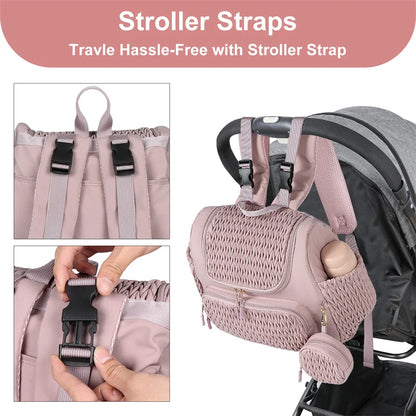 Quilted diaper bag backpack with changing pad and pacifier case