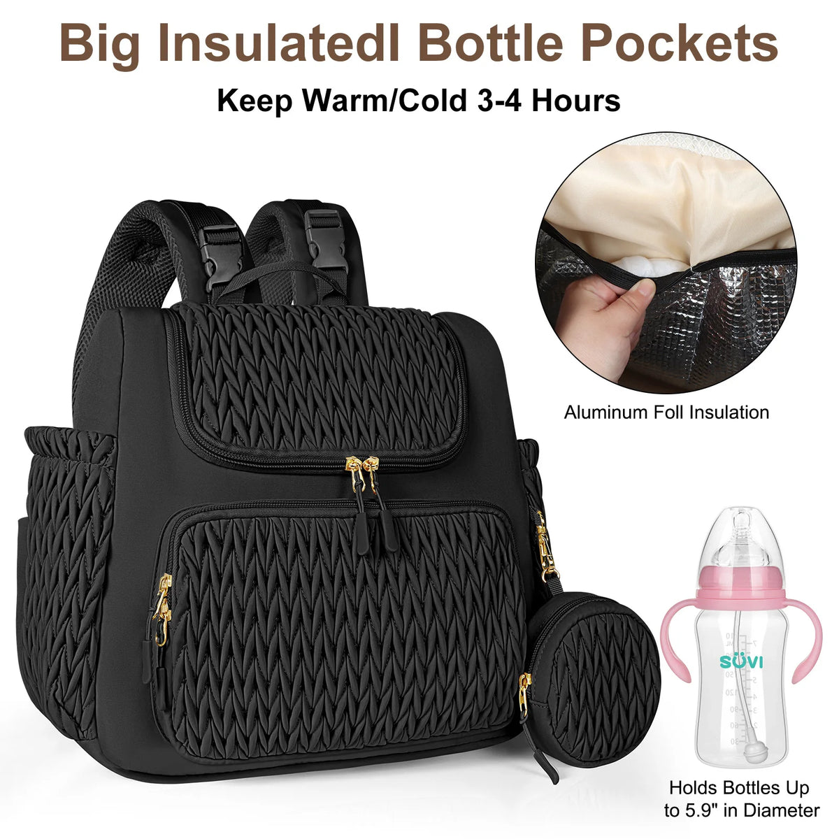 Quilted diaper bag backpack with changing pad and pacifier case