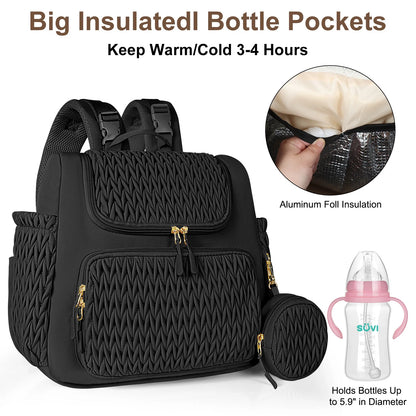 Quilted diaper bag backpack with changing pad and pacifier case
