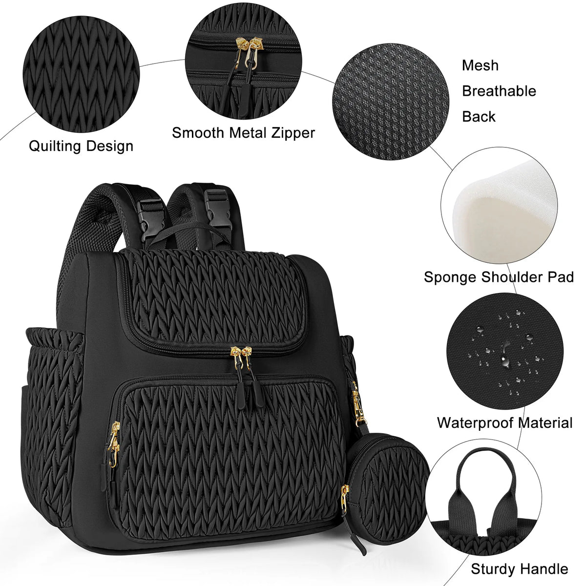 Quilted diaper bag backpack with changing pad and pacifier case