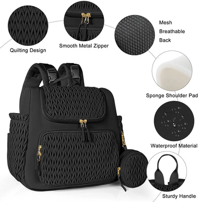 Quilted diaper bag backpack with changing pad and pacifier case