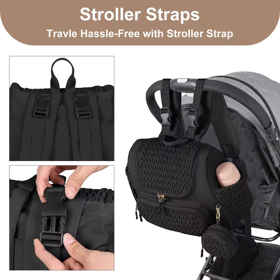 Quilted diaper bag backpack with changing pad and pacifier case