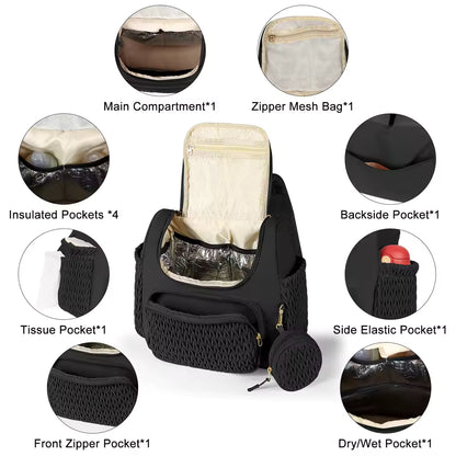 Quilted diaper bag backpack with changing pad and pacifier case