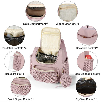 Quilted diaper bag backpack with changing pad and pacifier case