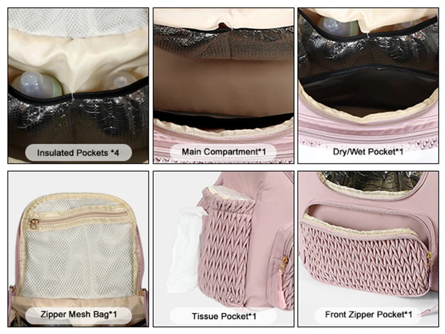 Quilted diaper bag backpack with changing pad and pacifier case
