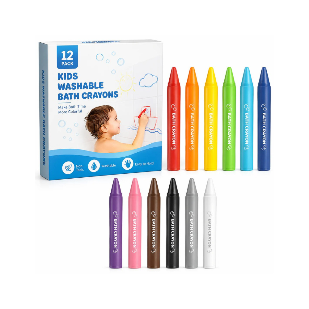 A 12-pack of kids washable bath crayons shown with their retail box on a white background. The crayons are arranged in two rows in front of the box, displaying multiple colors including red, orange, yellow, green, light blue, dark blue, purple, pink, brown, black, gray, and white.