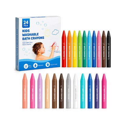 A 24-pack of kids' washable bath crayons shown with their retail box on a white background. The crayons are arranged in two rows: the top row shows the full spectrum of crayon colors, and the bottom row shows the crayons grouped by color including pink, purple, beige, brown, gray, white, blue, and magenta.