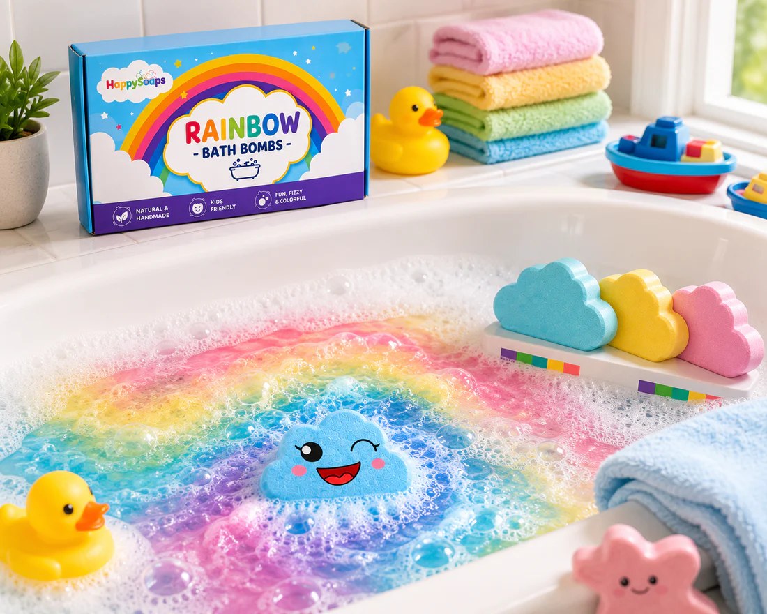 Rainbow Bath Bombs for Kids, 4 Pack, Colorful Bath Fizz