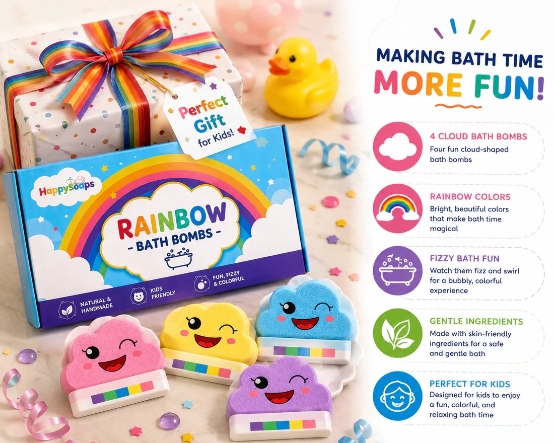 Rainbow Bath Bombs for Kids, 4 Pack, Colorful Bath Fizz