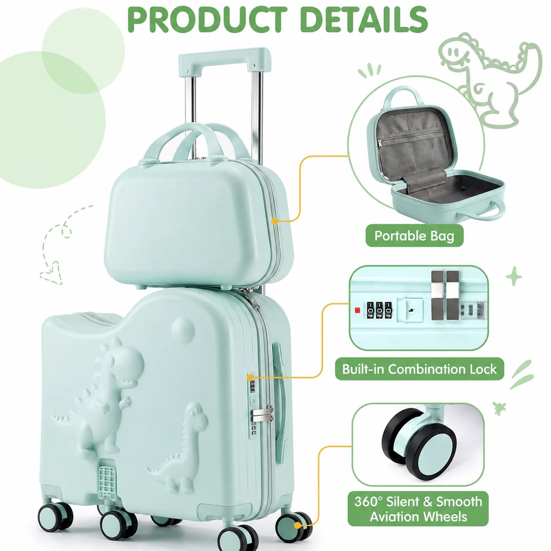Kids Ride On Suitcase Set With Portable Bag