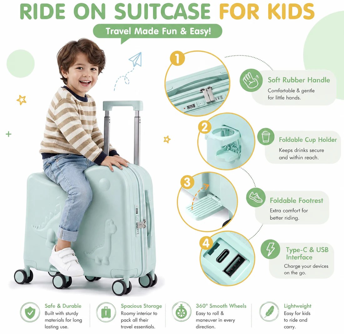 Kids Ride On Suitcase Set With Portable Bag