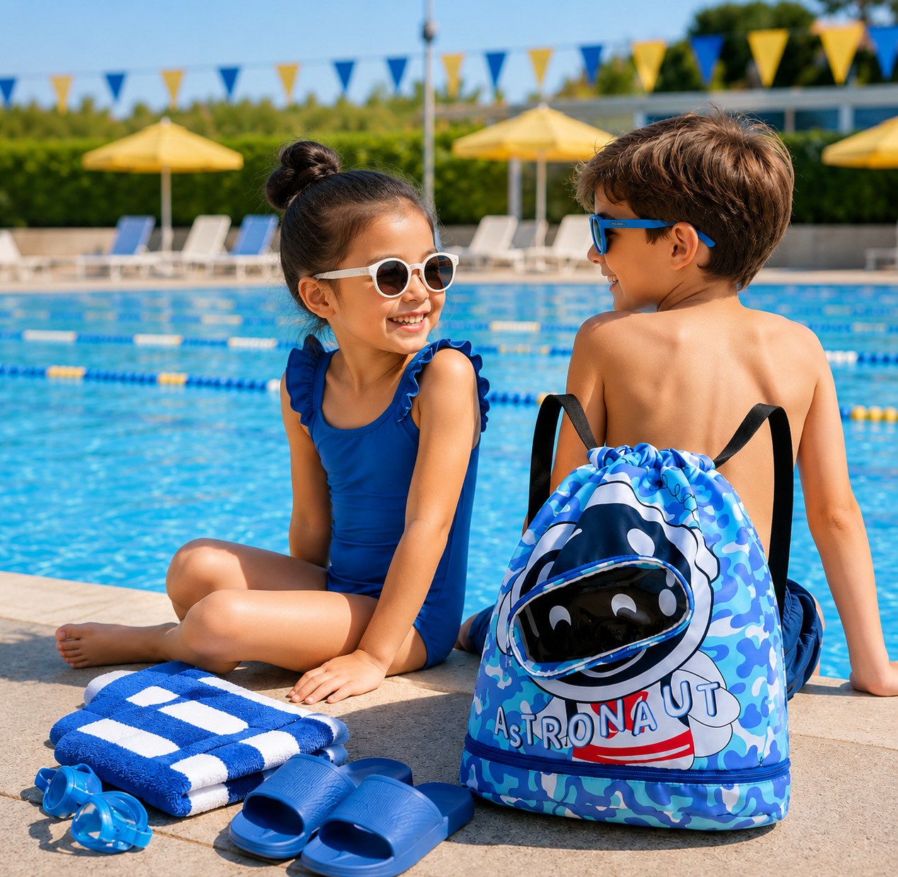 Kids Cartoon Drawstring Swim Bag with Waterproof Wet Pocket