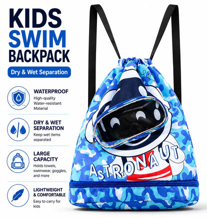 Kids Cartoon Drawstring Swim Bag with Waterproof Wet Pocket