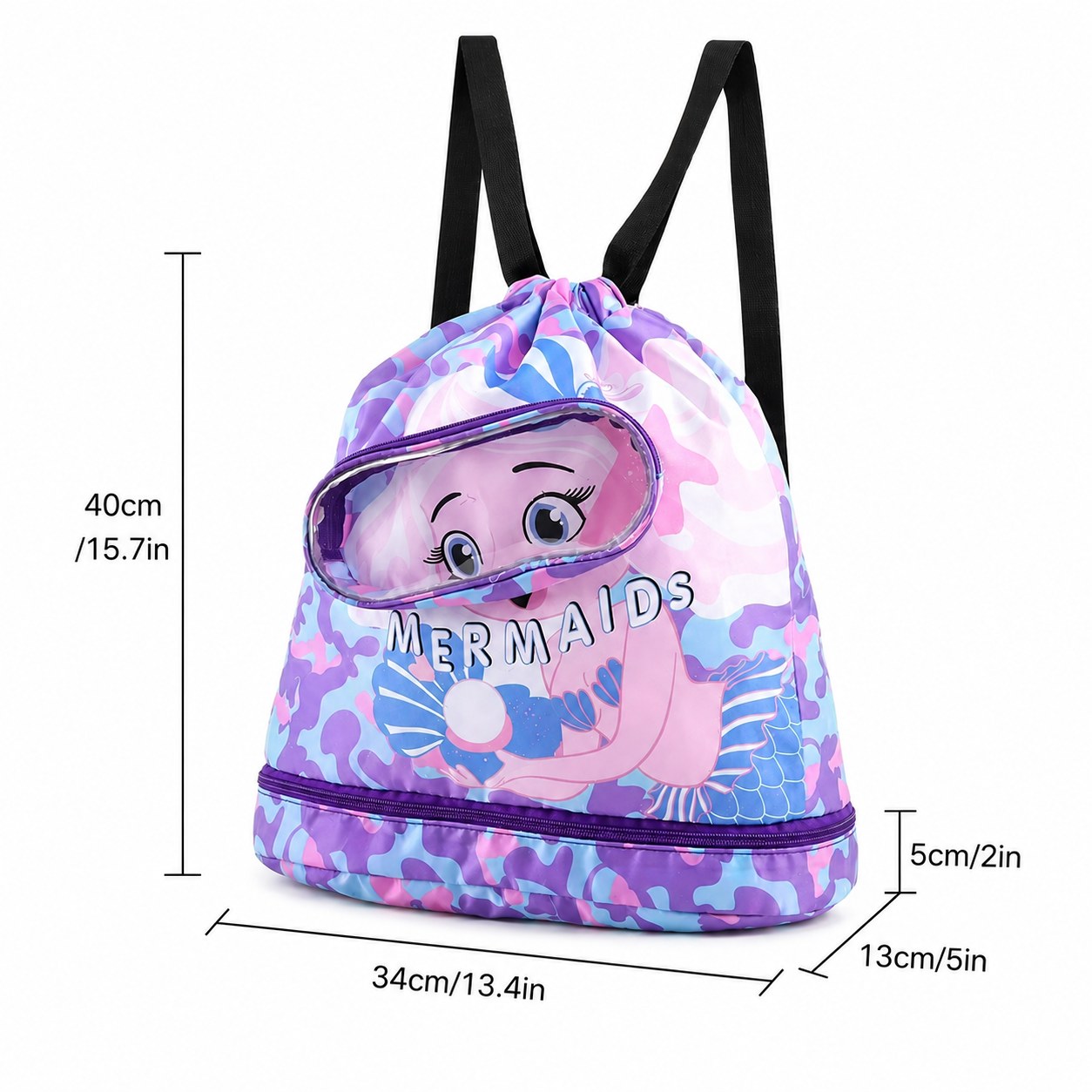 Kids Cartoon Drawstring Swim Bag with Waterproof Wet Pocket