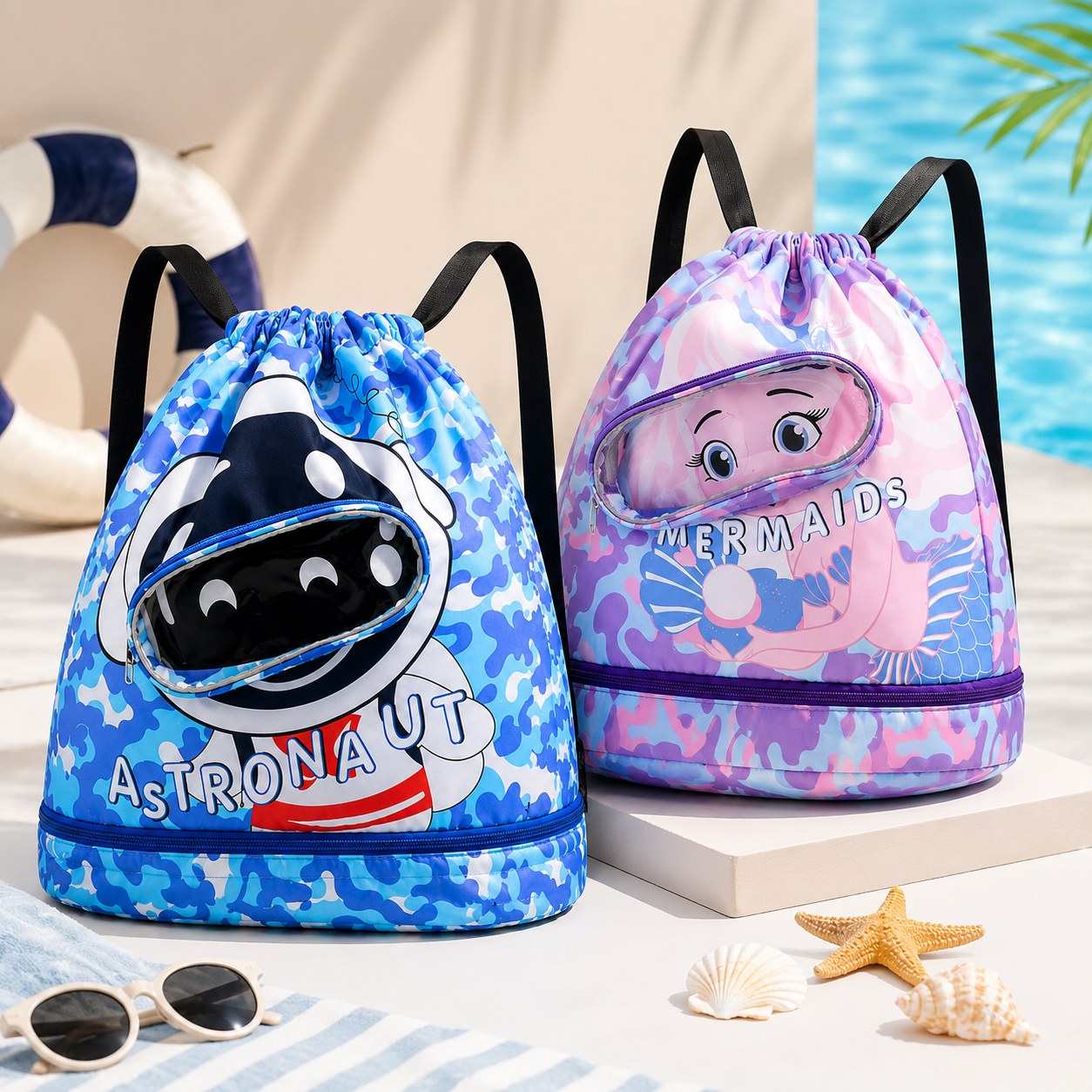 Kids Cartoon Drawstring Swim Bag with Waterproof Wet Pocket