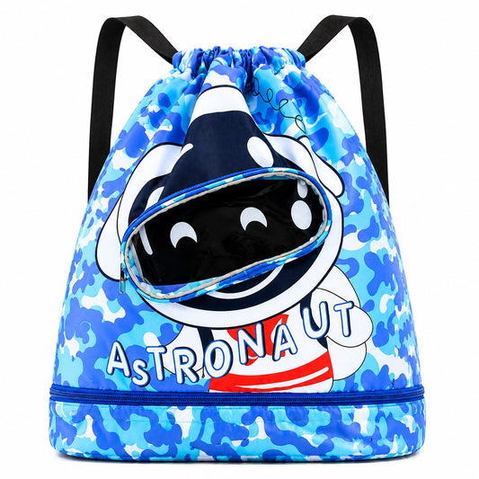 Kids Cartoon Drawstring Swim Bag with Waterproof Wet Pocket