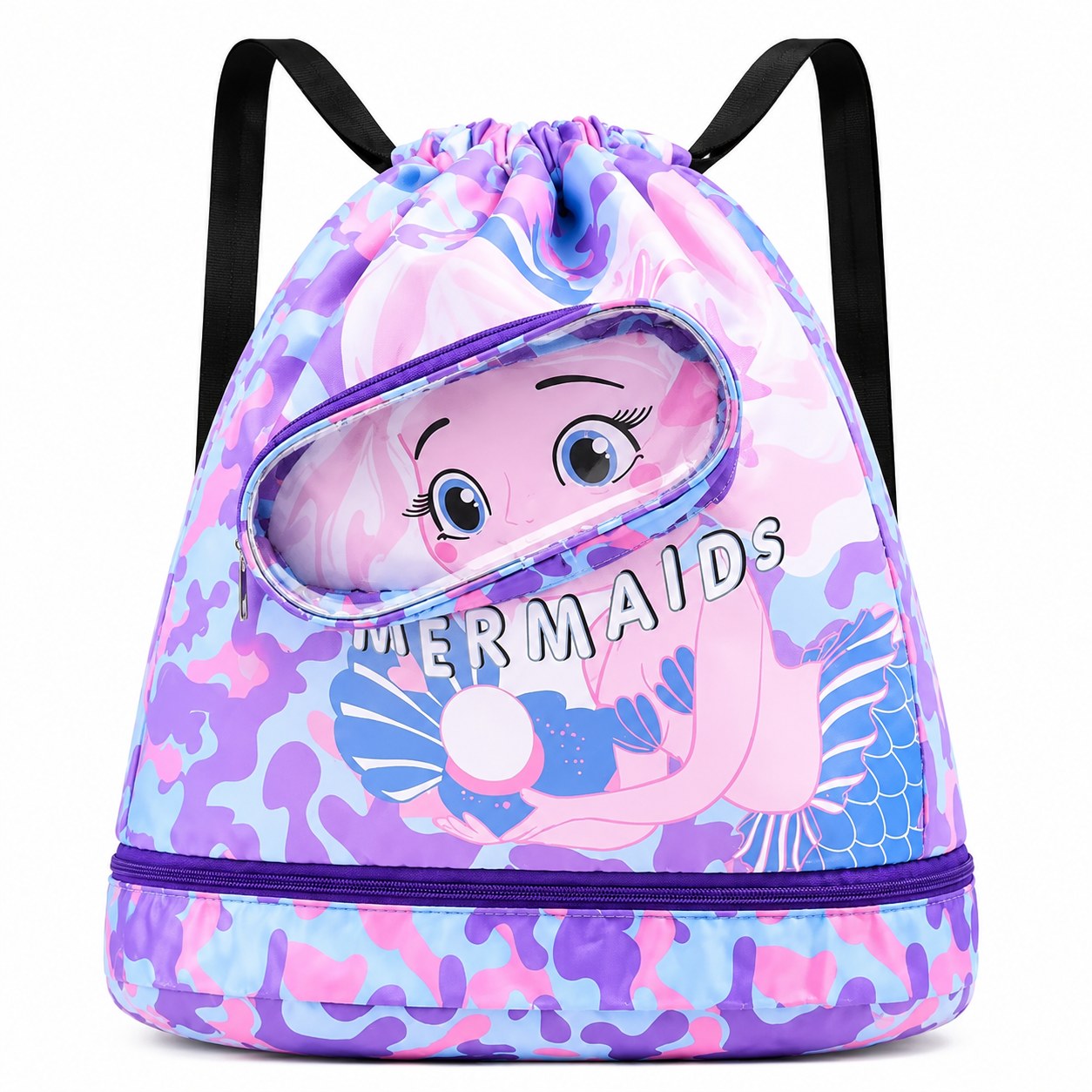 Kids Cartoon Drawstring Swim Bag with Waterproof Wet Pocket