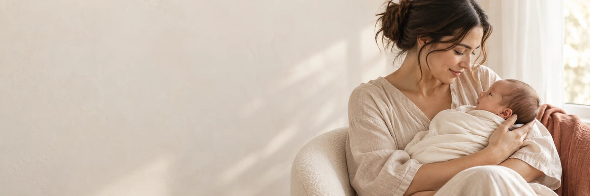 Mother gently holding her newborn in a softly lit, warm neutral room — desktop banner