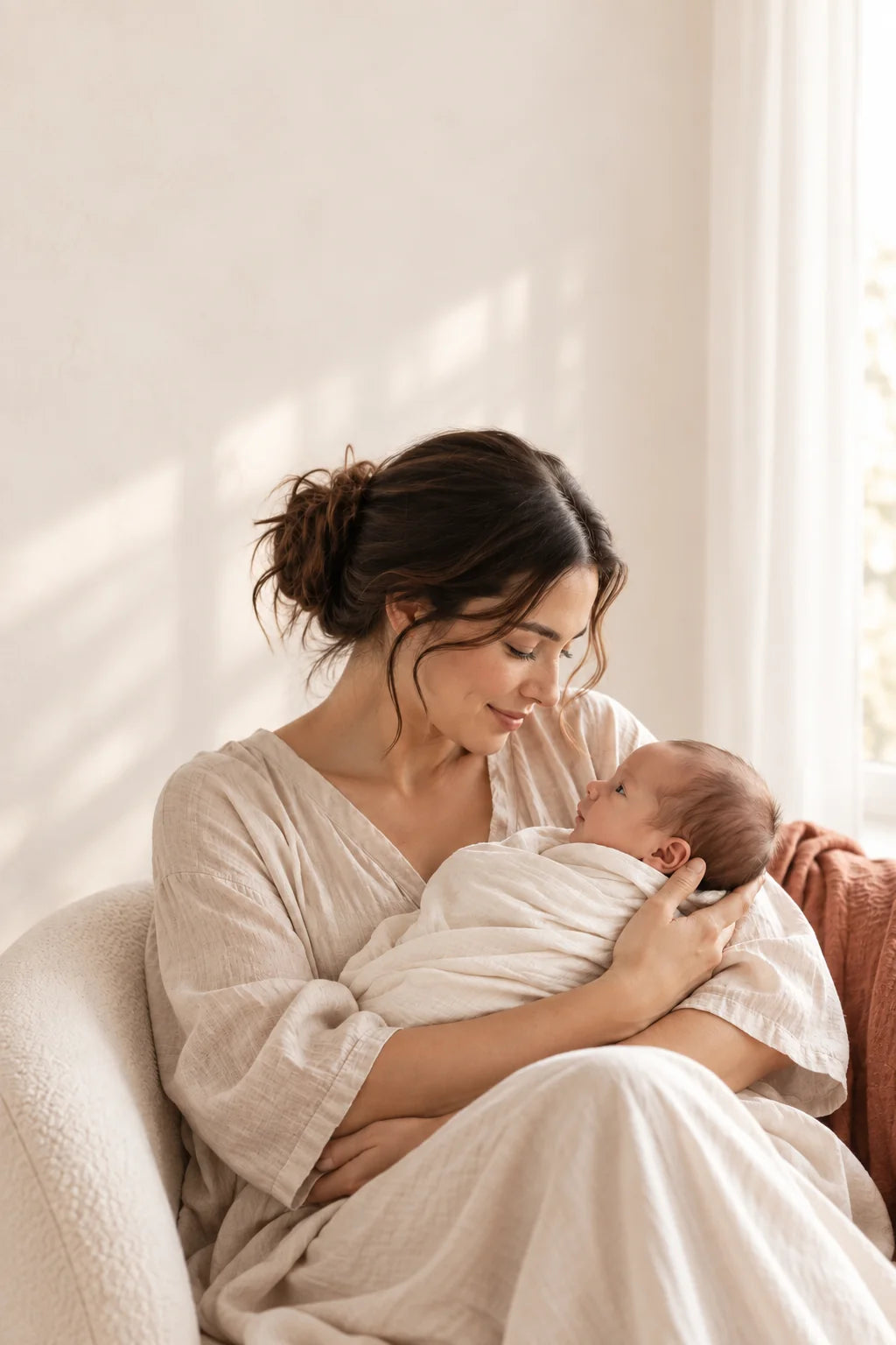 Mother cradling her newborn in a warm neutral room — portrait mobile banner