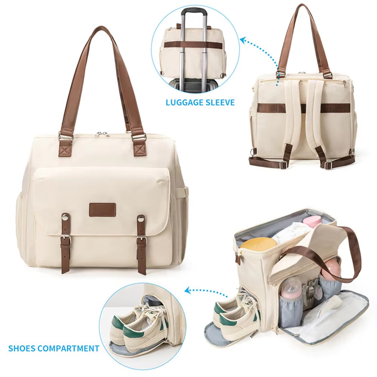 Convertible Diaper Bag Tote Backpack with Shoes Compartment and Laptop Sleeve