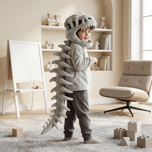 Kids Dinosaur Plush Hoodie with 3D Skull Hood and Spiked Tail