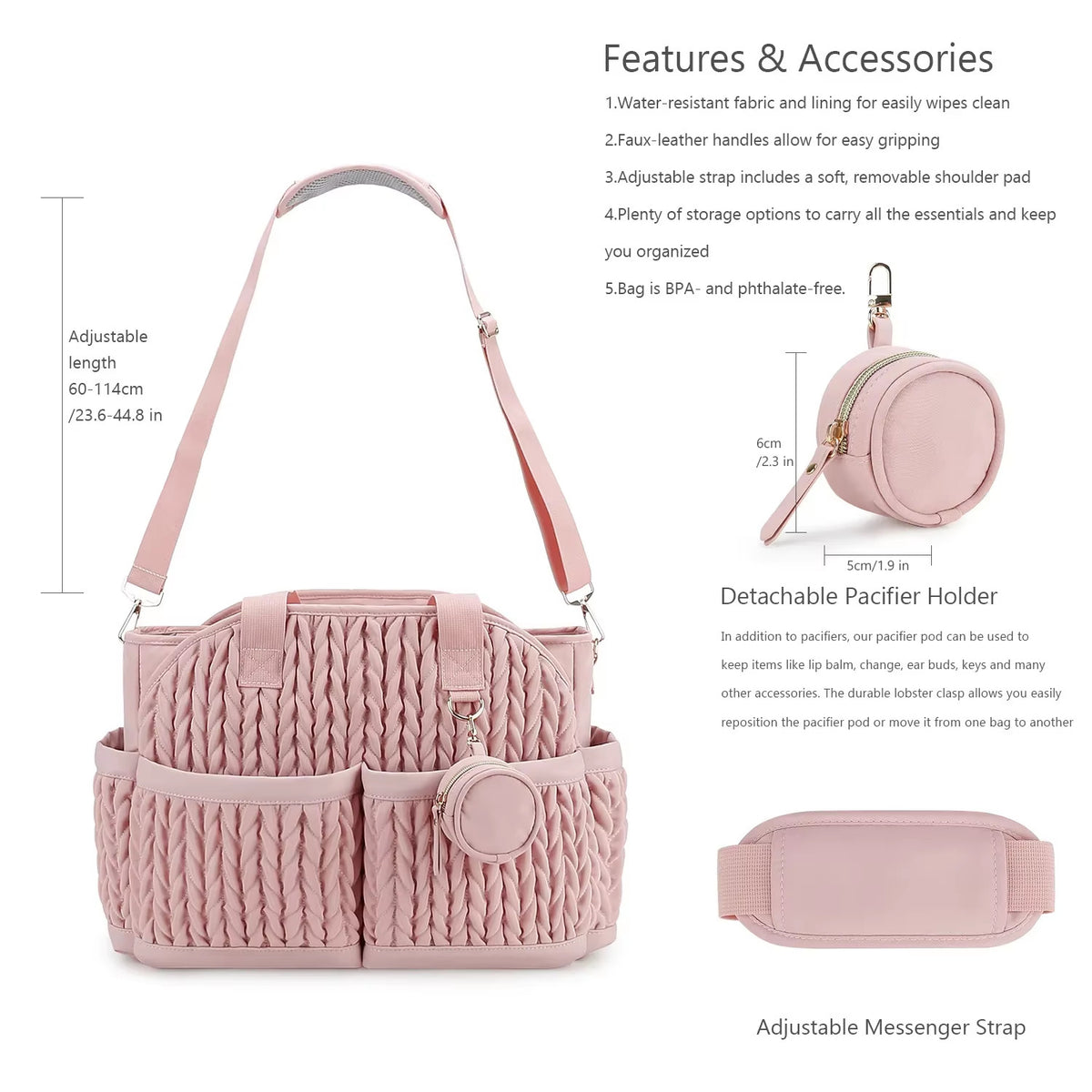 Knit Quilted Diaper Tote Bag with Insulated Pockets and Pacifier Case