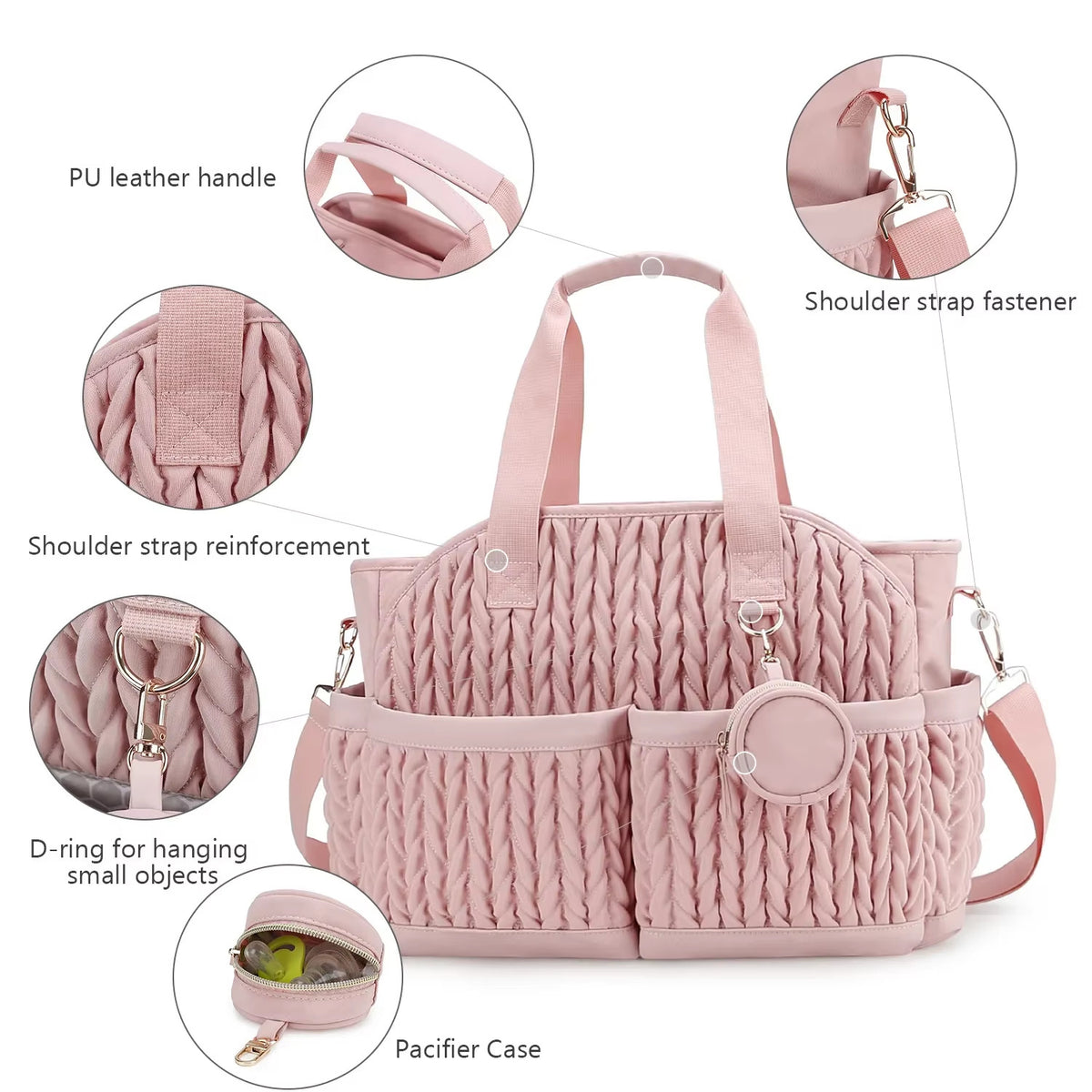 Knit Quilted Diaper Tote Bag with Insulated Pockets and Pacifier Case
