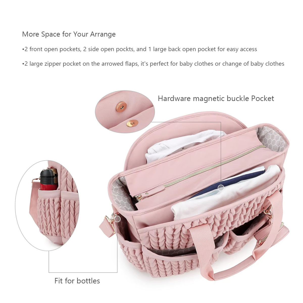 Knit Quilted Diaper Tote Bag with Insulated Pockets and Pacifier Case