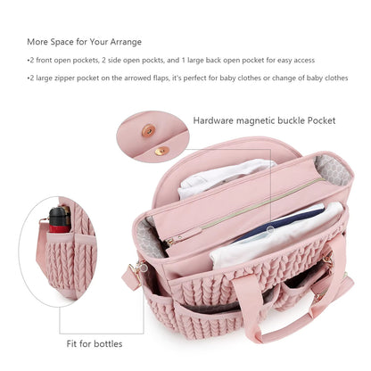 Knit Quilted Diaper Tote Bag with Insulated Pockets and Pacifier Case