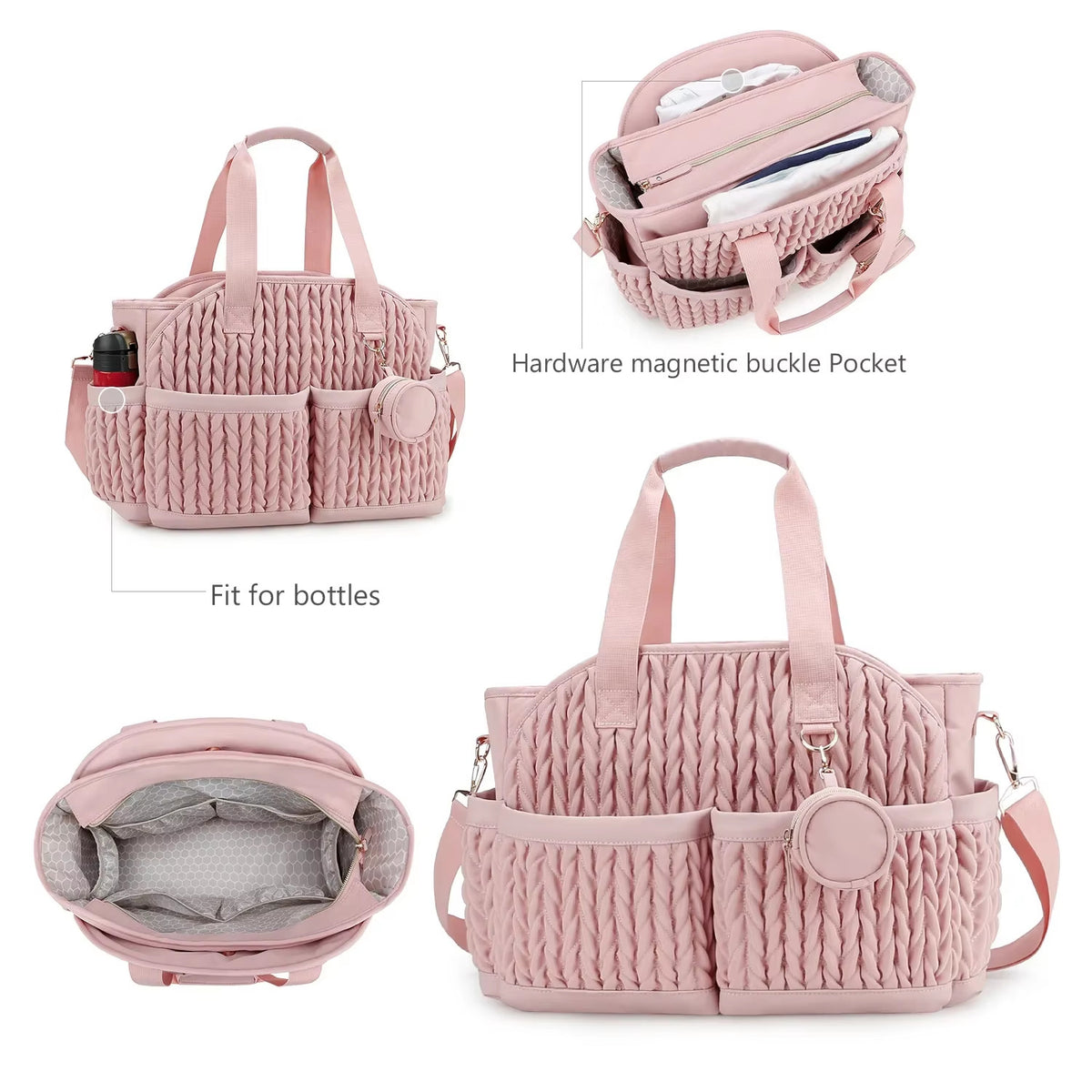 Knit Quilted Diaper Tote Bag with Insulated Pockets and Pacifier Case