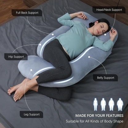 Diagram of the U shaped pregnancy pillow supporting head and neck, full back, belly, hips and legs at the same time