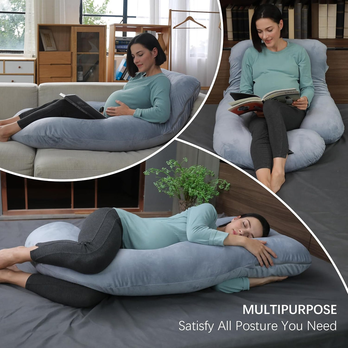 Pregnancy pillow used three ways, reading on the sofa, reading in bed and sleeping on the side