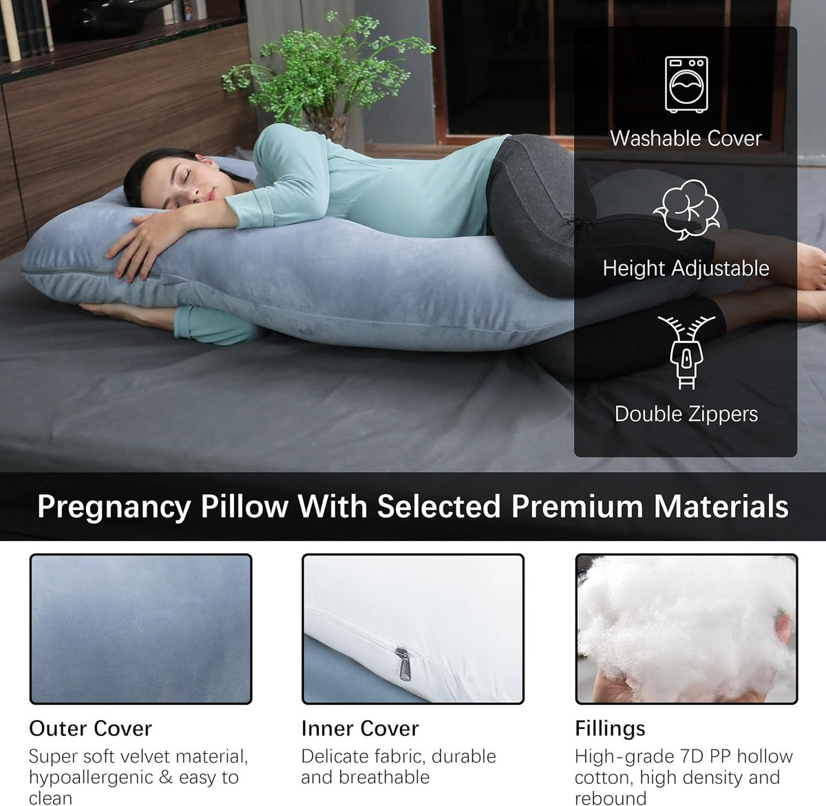 Velvet outer cover, breathable inner cover and 7D PP hollow fiber filling of the pregnancy pillow